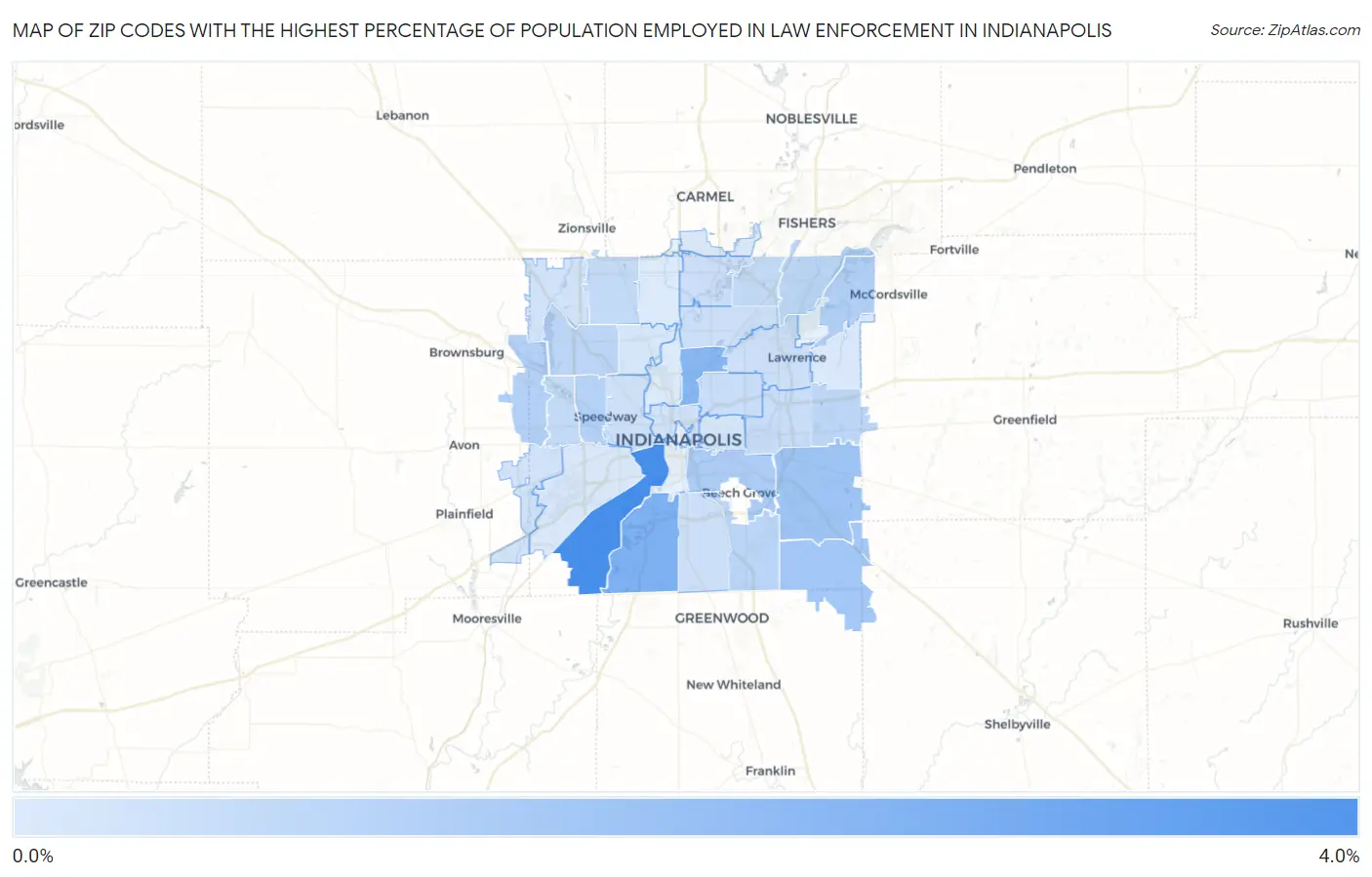 Zip Codes with the Highest Percentage of Population Employed in Law Enforcement in Indianapolis Map