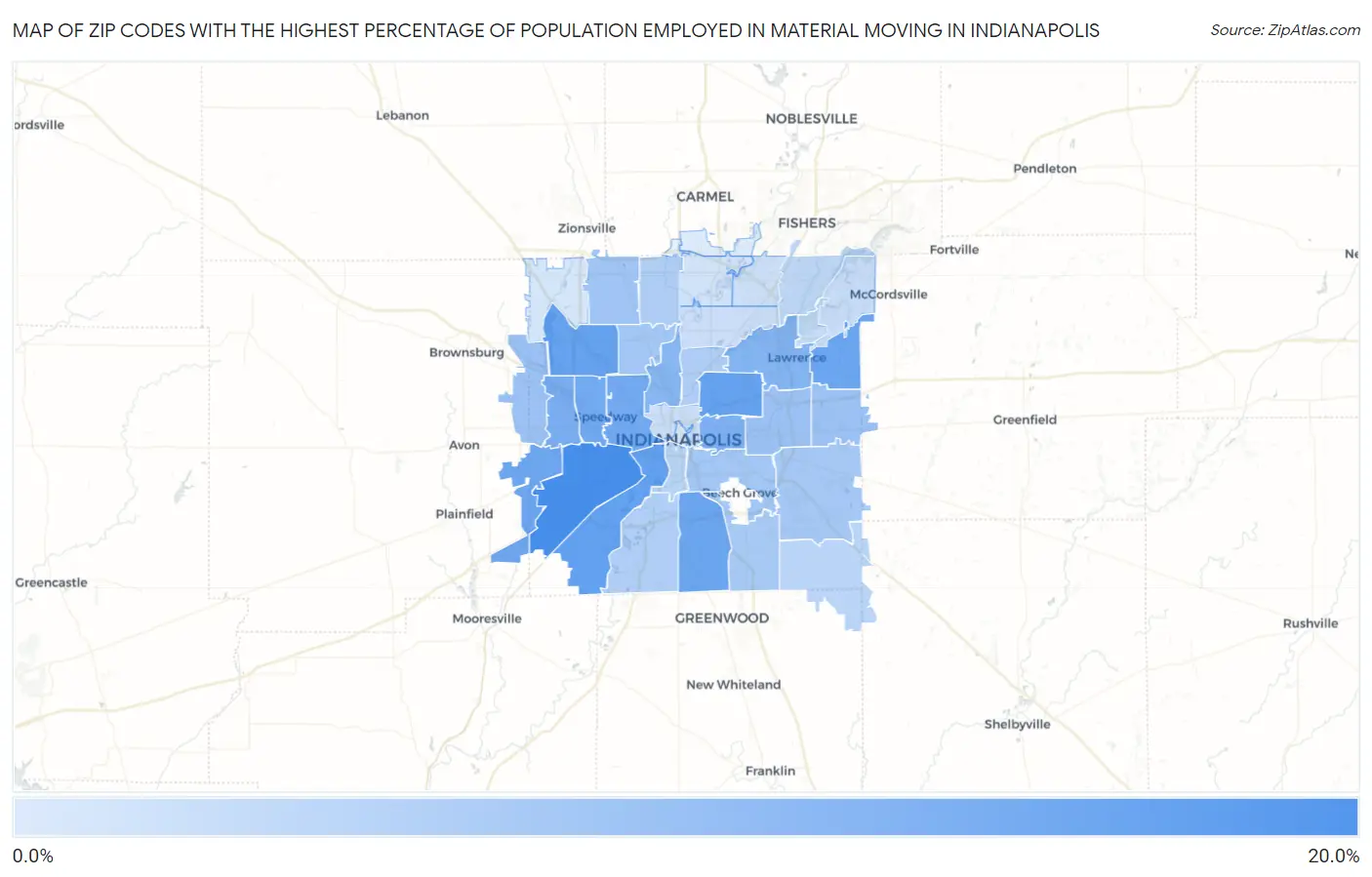 Zip Codes with the Highest Percentage of Population Employed in Material Moving in Indianapolis Map