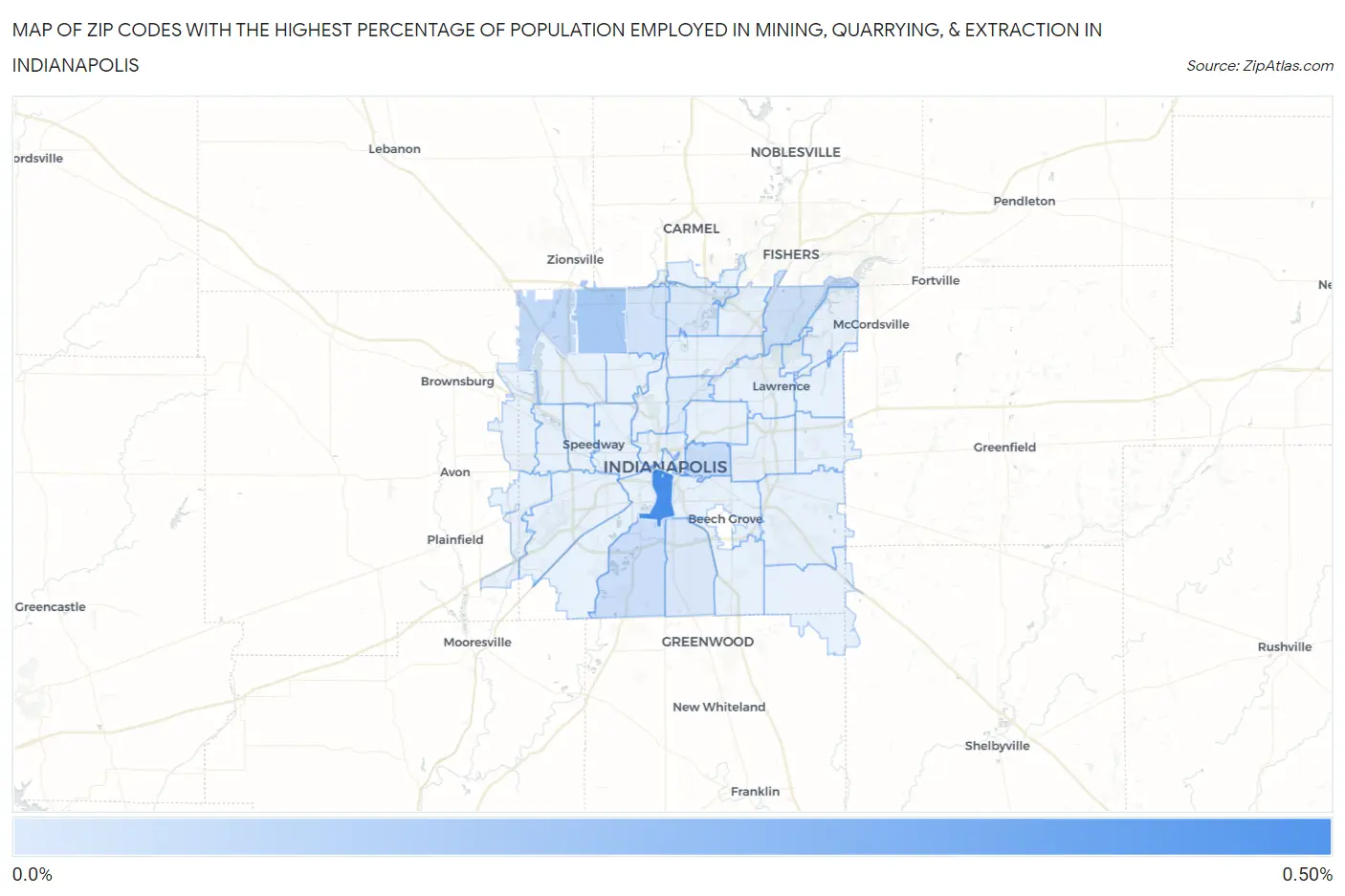 Zip Codes with the Highest Percentage of Population Employed in Mining, Quarrying, & Extraction in Indianapolis Map