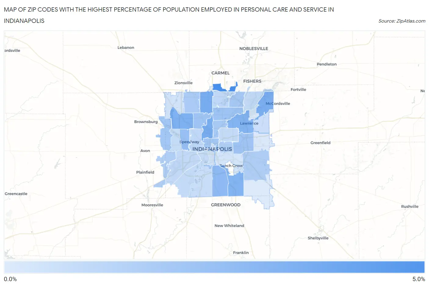Zip Codes with the Highest Percentage of Population Employed in Personal Care and Service in Indianapolis Map