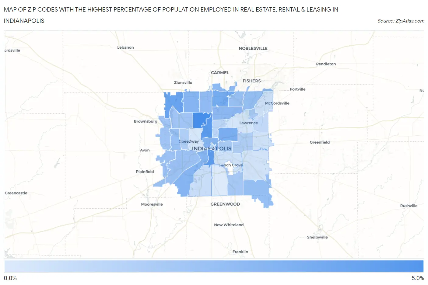 Zip Codes with the Highest Percentage of Population Employed in Real Estate, Rental & Leasing in Indianapolis Map
