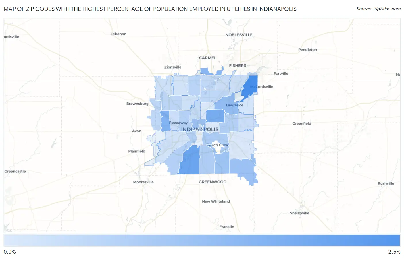 Zip Codes with the Highest Percentage of Population Employed in Utilities in Indianapolis Map