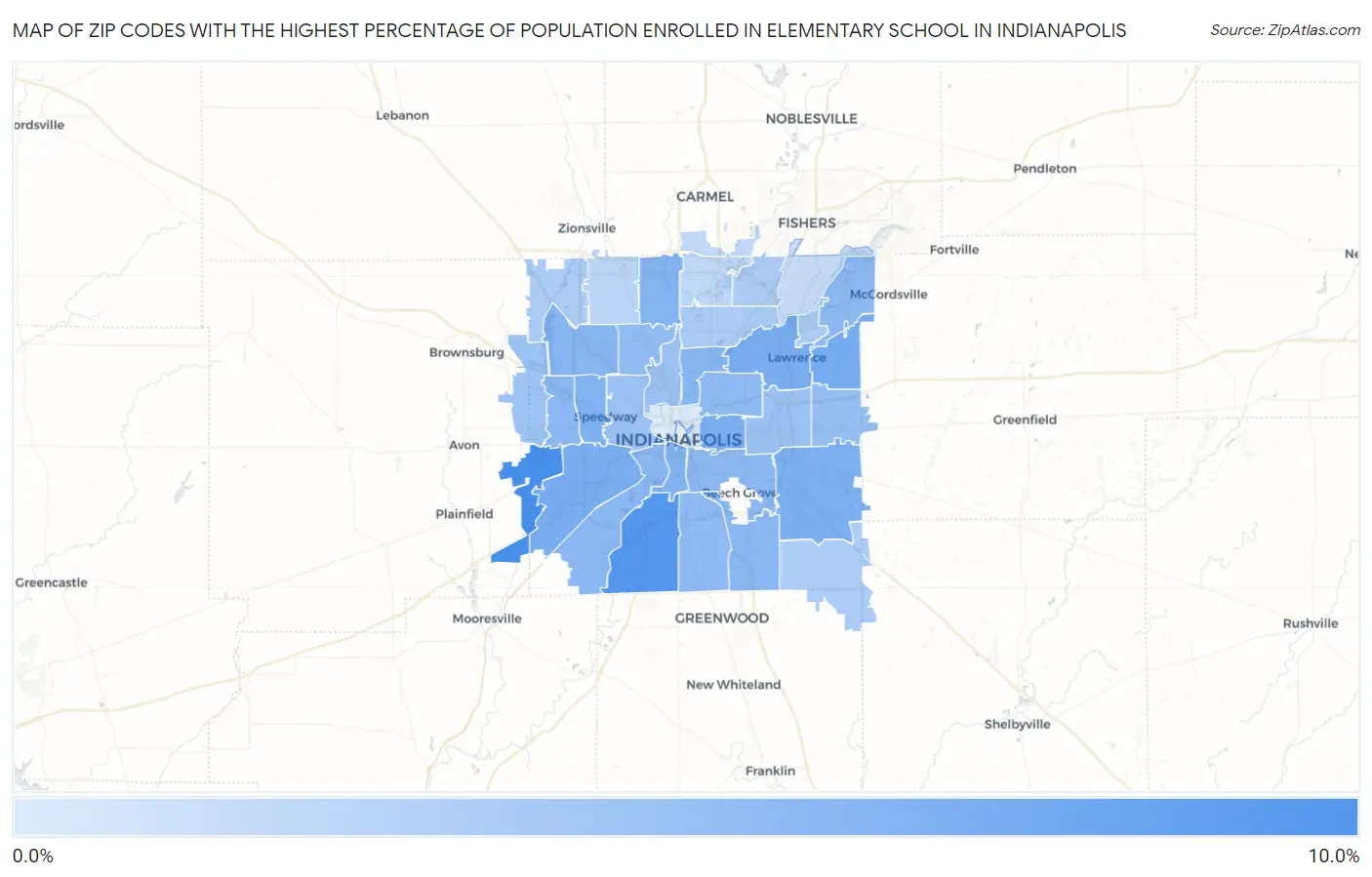 Zip Codes with the Highest Percentage of Population Enrolled in Elementary School in Indianapolis Map