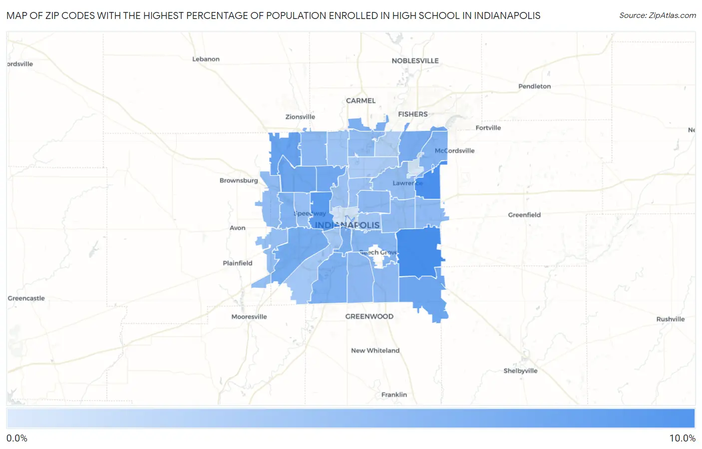 Zip Codes with the Highest Percentage of Population Enrolled in High School in Indianapolis Map