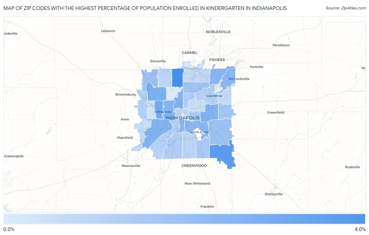 Zip Codes with the Highest Percentage of Population Enrolled in Kindergarten in Indianapolis Map