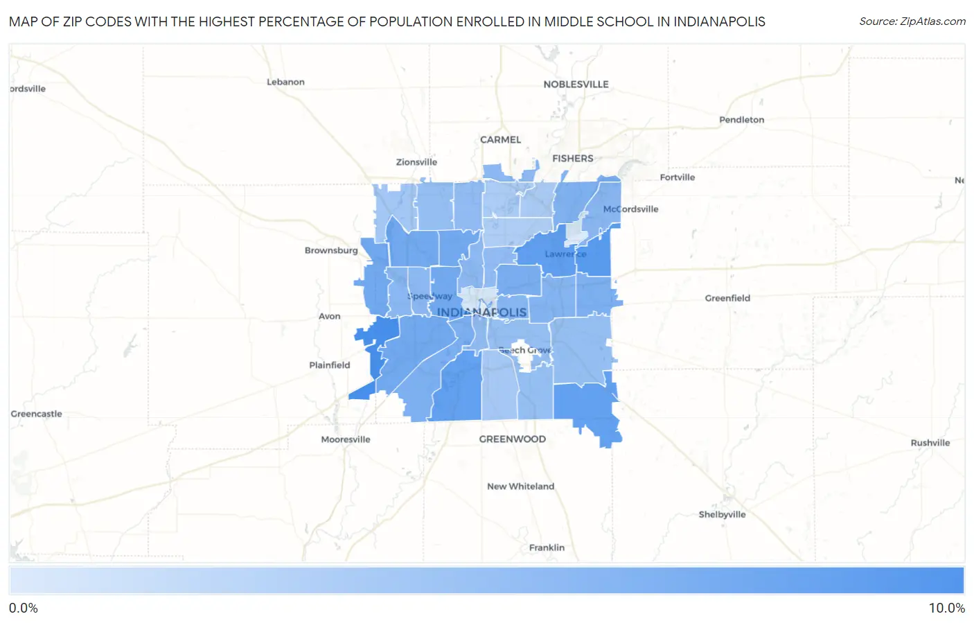 Zip Codes with the Highest Percentage of Population Enrolled in Middle School in Indianapolis Map