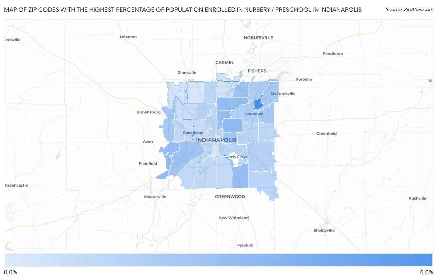 Zip Codes with the Highest Percentage of Population Enrolled in Nursery / Preschool in Indianapolis Map