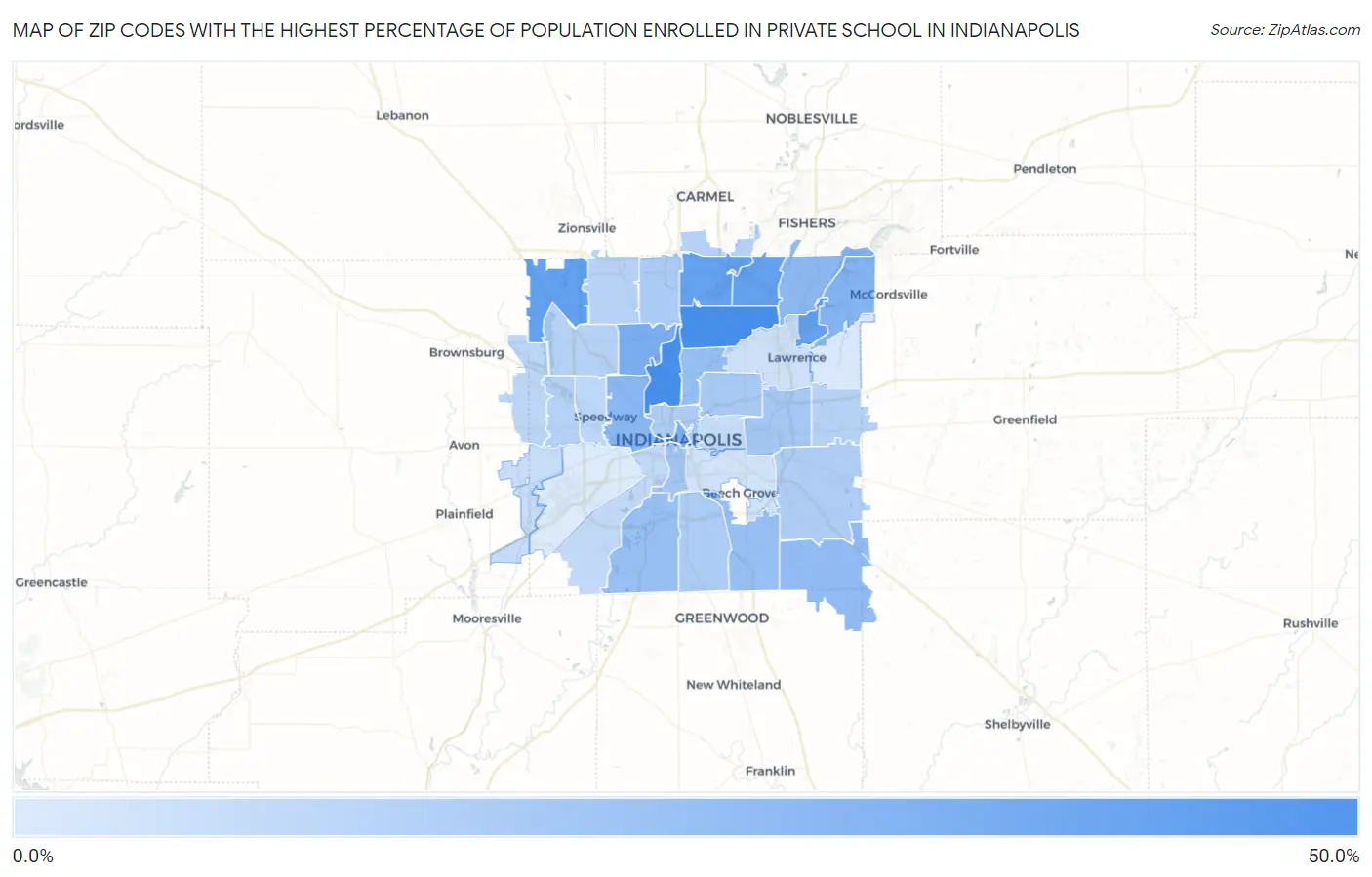 Zip Codes with the Highest Percentage of Population Enrolled in Private School in Indianapolis Map