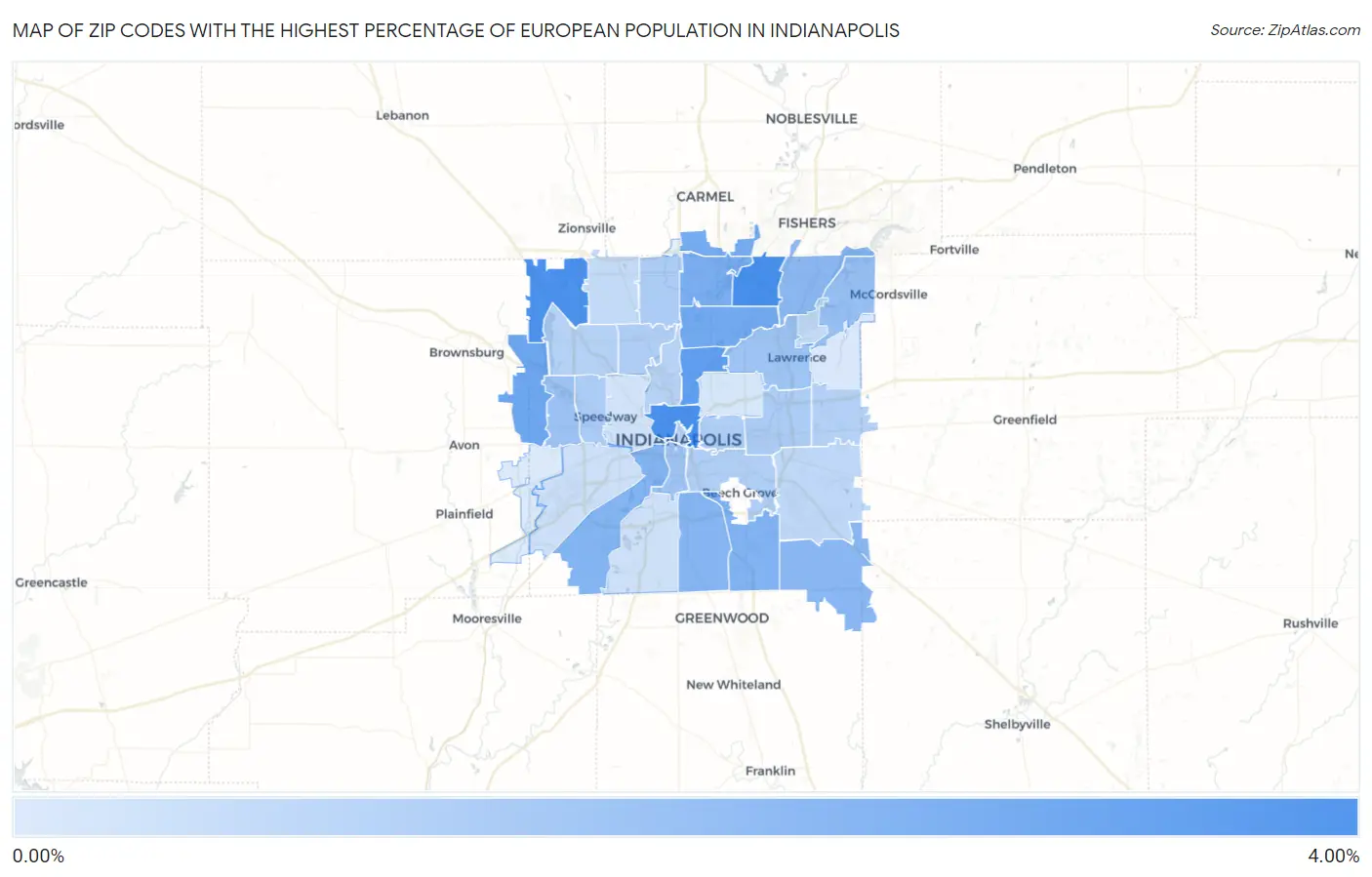 Zip Codes with the Highest Percentage of European Population in Indianapolis Map