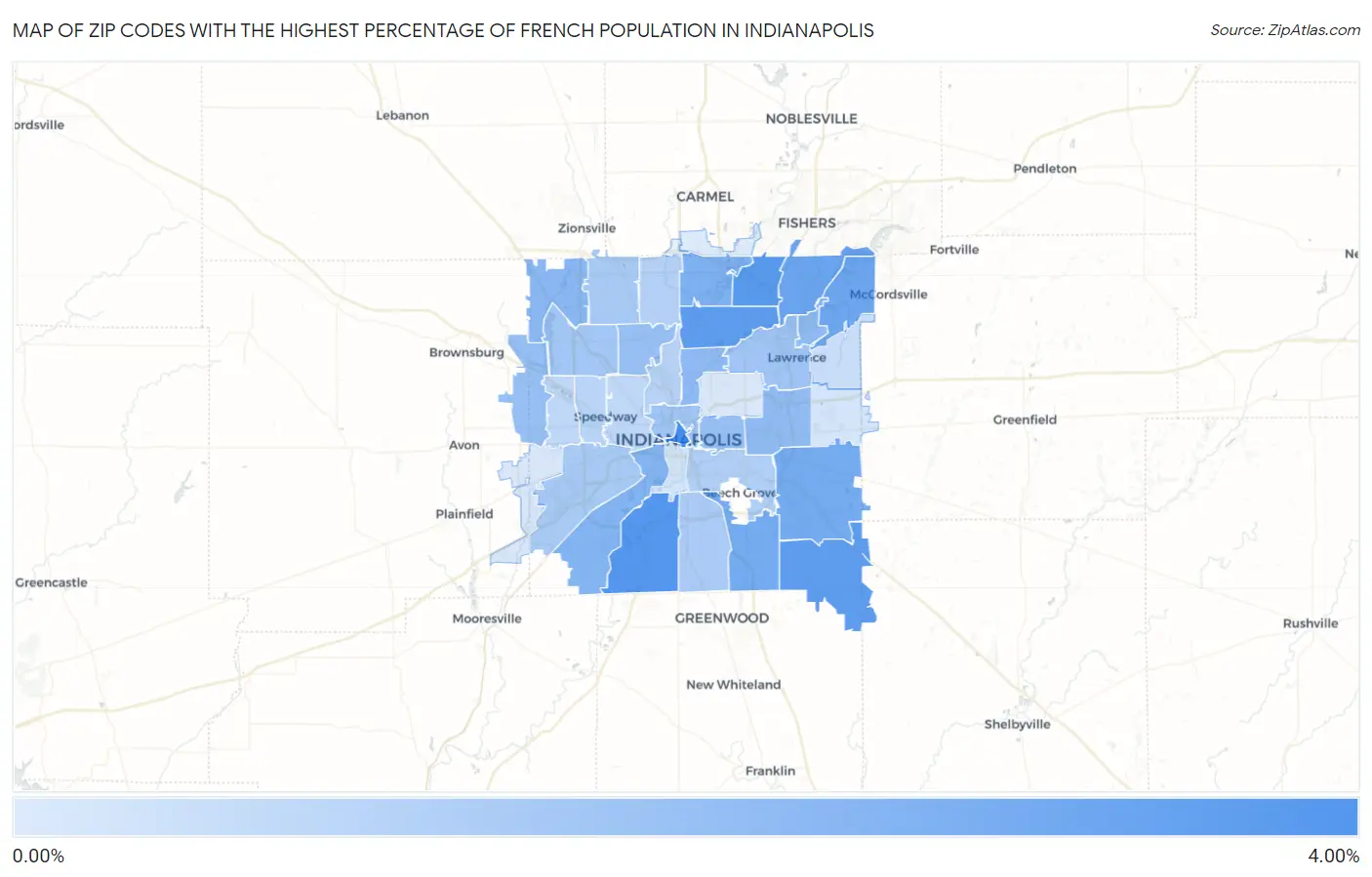 Zip Codes with the Highest Percentage of French Population in Indianapolis Map