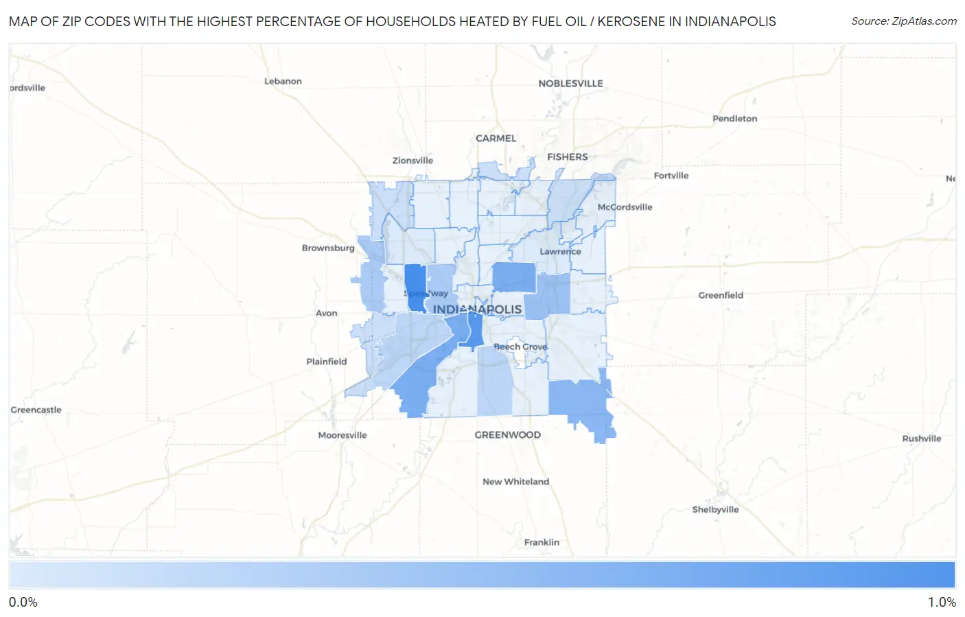Zip Codes with the Highest Percentage of Households Heated by Fuel Oil / Kerosene in Indianapolis Map