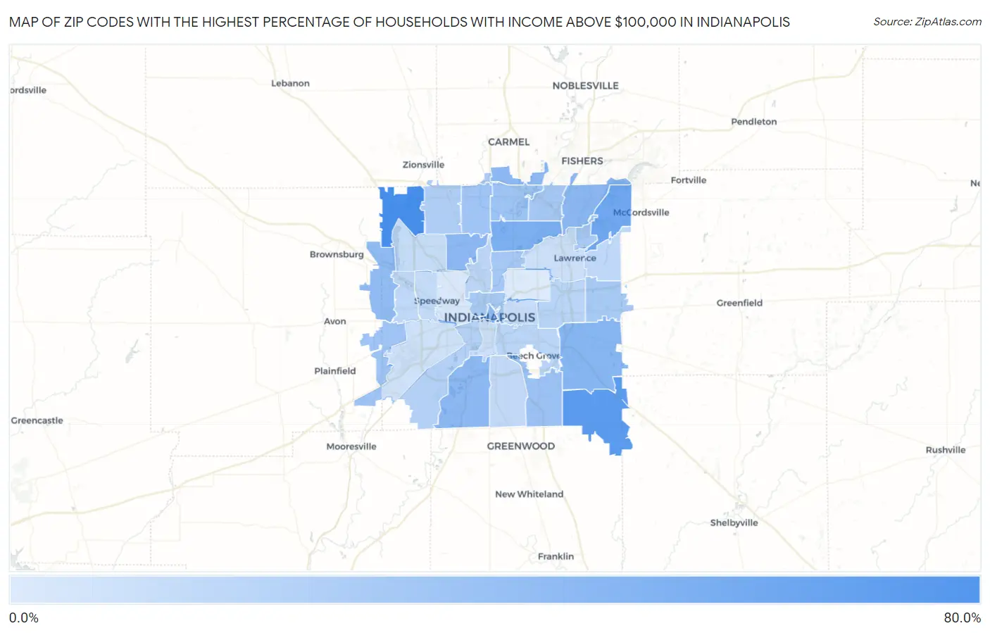 Zip Codes with the Highest Percentage of Households with Income Above $100,000 in Indianapolis Map