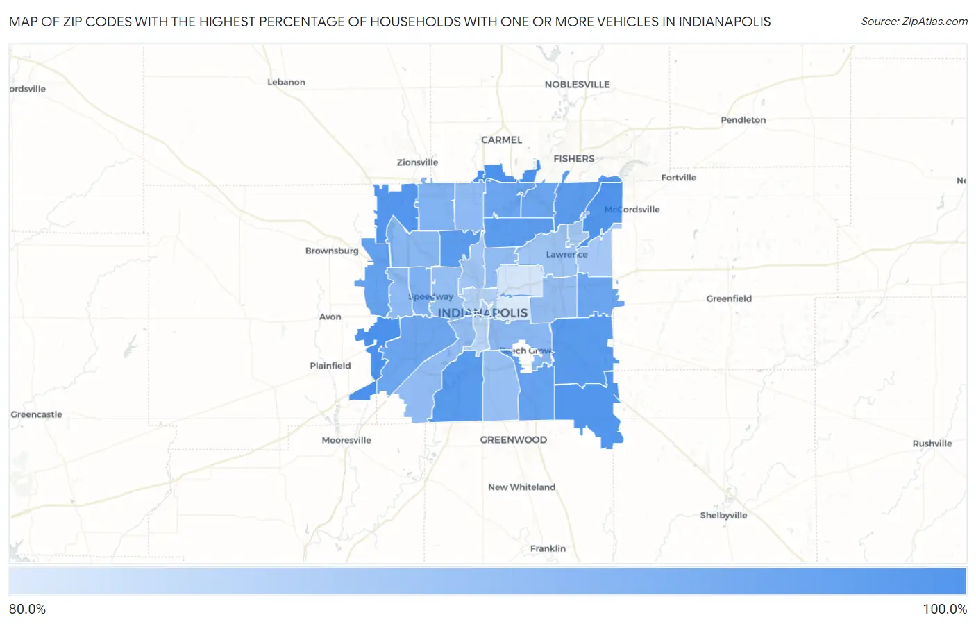Zip Codes with the Highest Percentage of Households With One or more Vehicles in Indianapolis Map