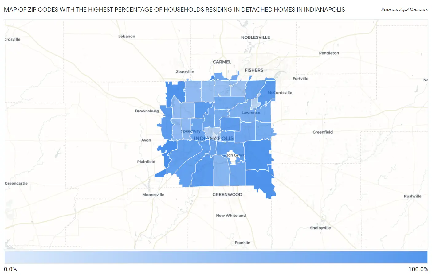 Zip Codes with the Highest Percentage of Households Residing in Detached Homes in Indianapolis Map
