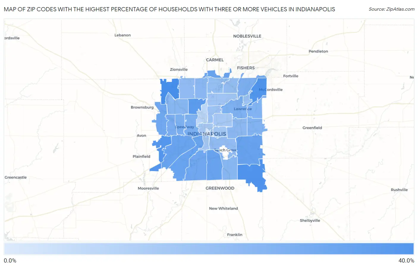 Zip Codes with the Highest Percentage of Households With Three or more Vehicles in Indianapolis Map