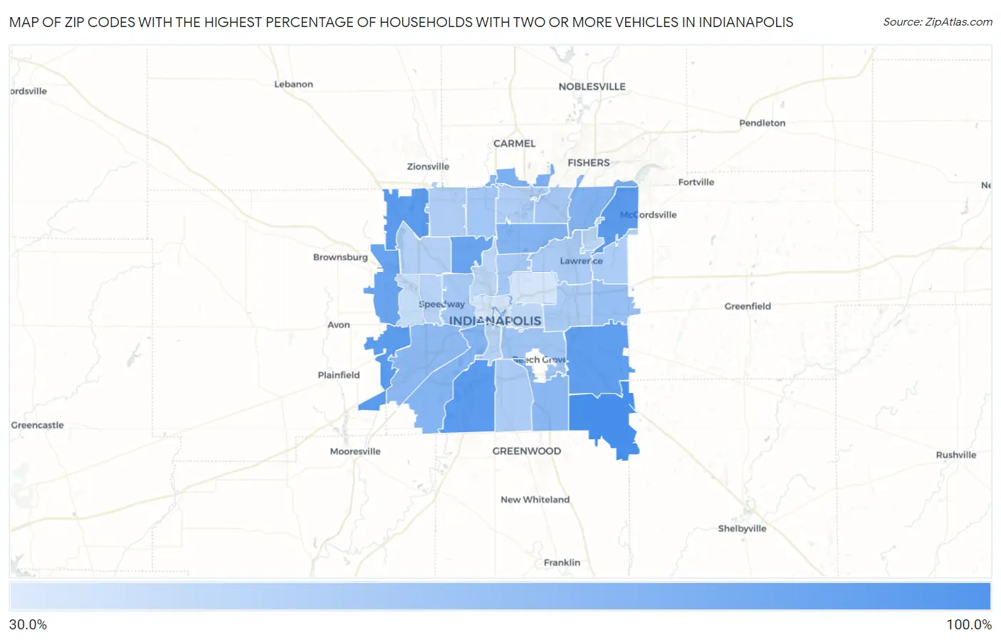 Zip Codes with the Highest Percentage of Households With Two or more Vehicles in Indianapolis Map