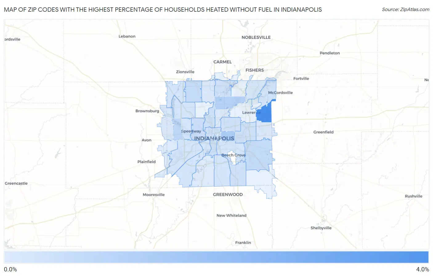 Zip Codes with the Highest Percentage of Households Heated without Fuel in Indianapolis Map
