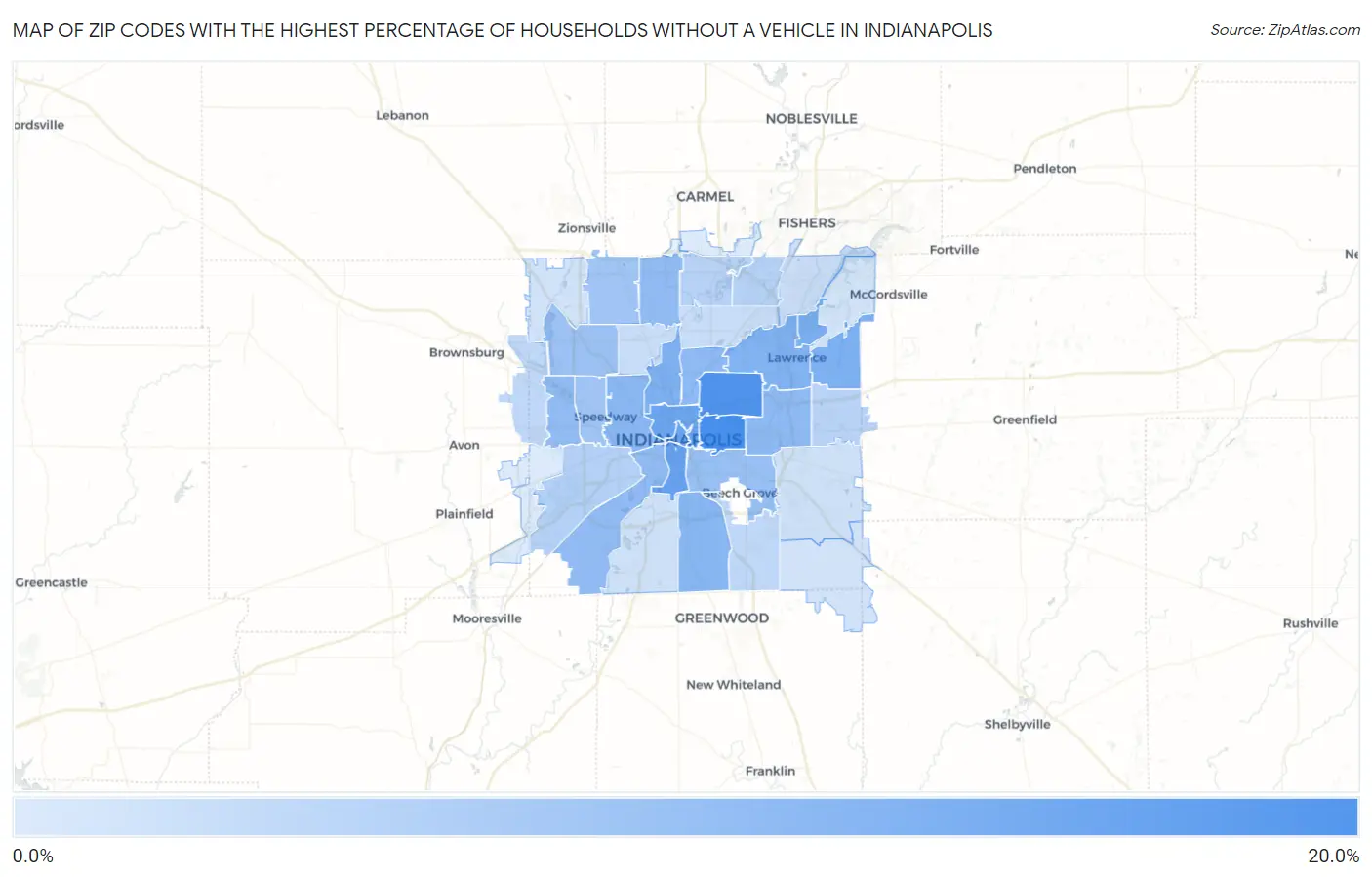 Zip Codes with the Highest Percentage of Households Without a Vehicle in Indianapolis Map