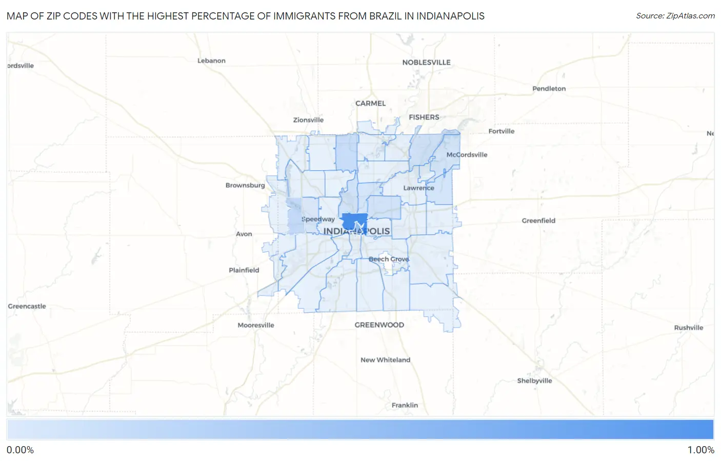 Zip Codes with the Highest Percentage of Immigrants from Brazil in Indianapolis Map