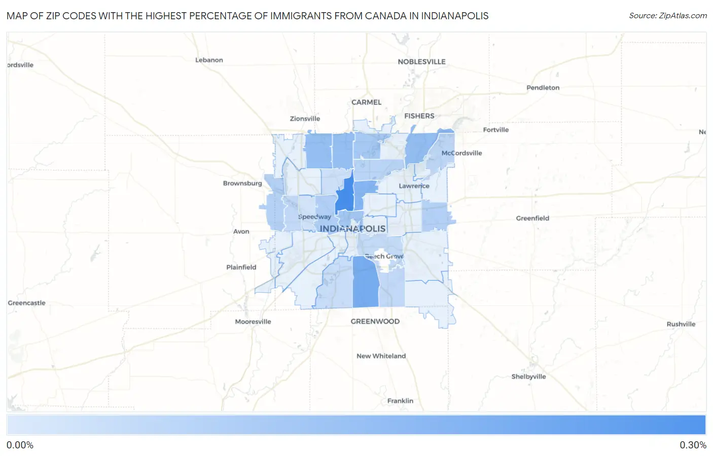 Zip Codes with the Highest Percentage of Immigrants from Canada in Indianapolis Map