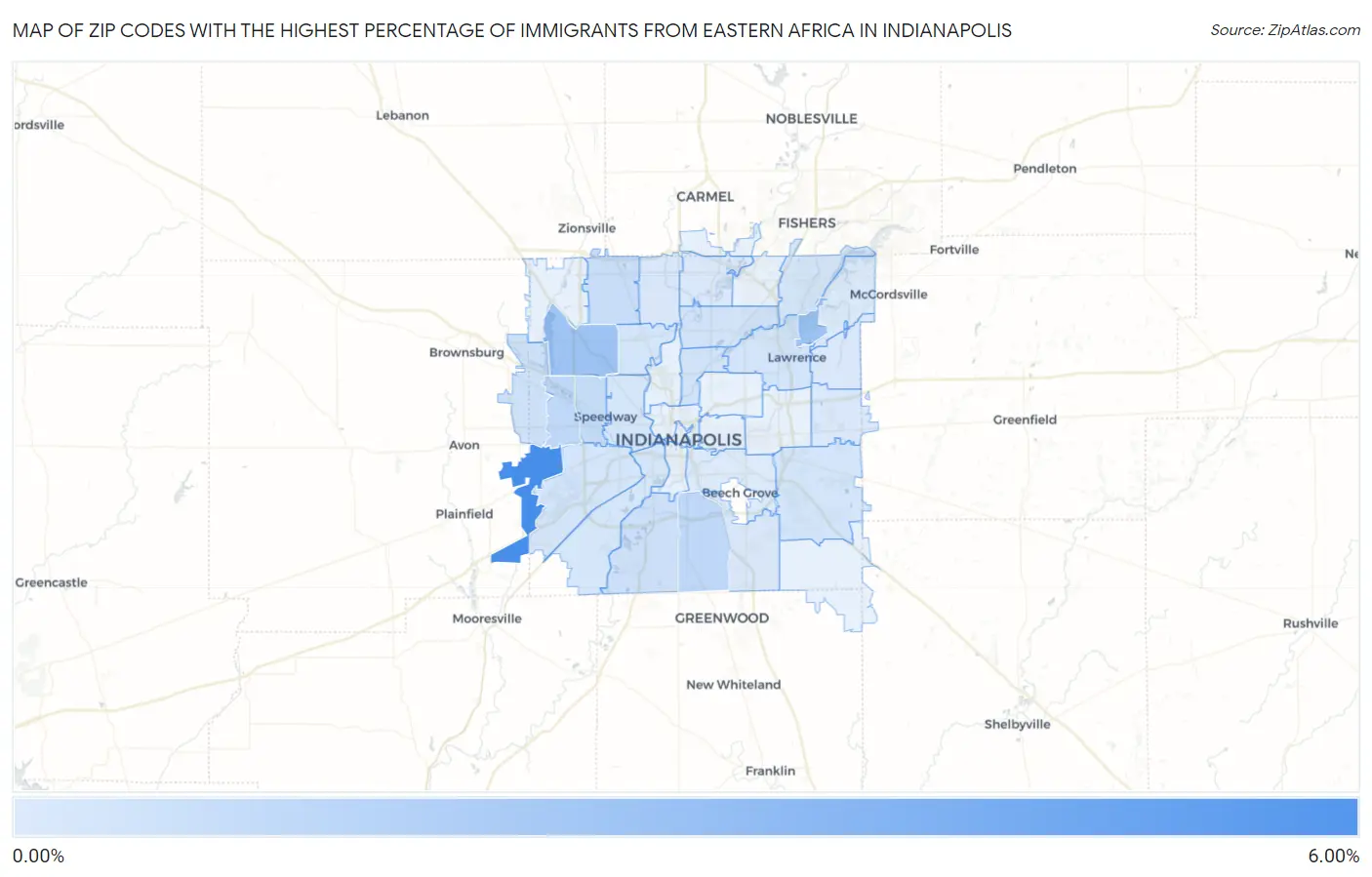 Zip Codes with the Highest Percentage of Immigrants from Eastern Africa in Indianapolis Map