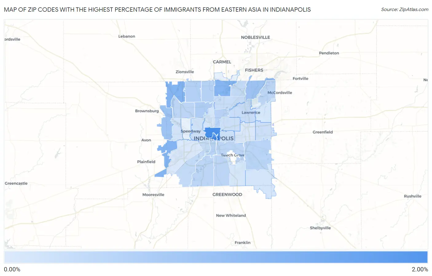 Zip Codes with the Highest Percentage of Immigrants from Eastern Asia in Indianapolis Map
