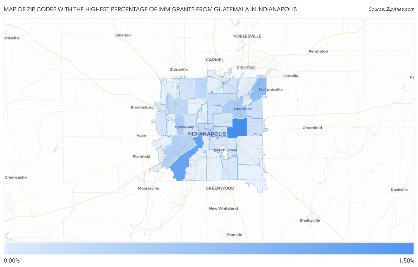 Zip Codes with the Highest Percentage of Immigrants from Guatemala in Indianapolis Map