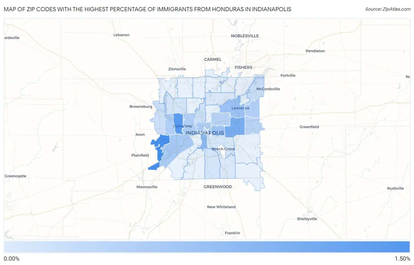 Zip Codes with the Highest Percentage of Immigrants from Honduras in Indianapolis Map