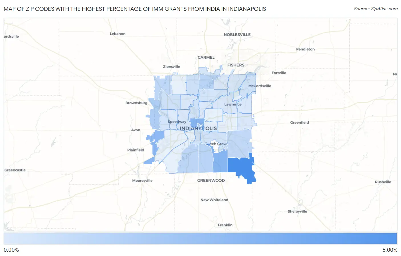 Zip Codes with the Highest Percentage of Immigrants from India in Indianapolis Map