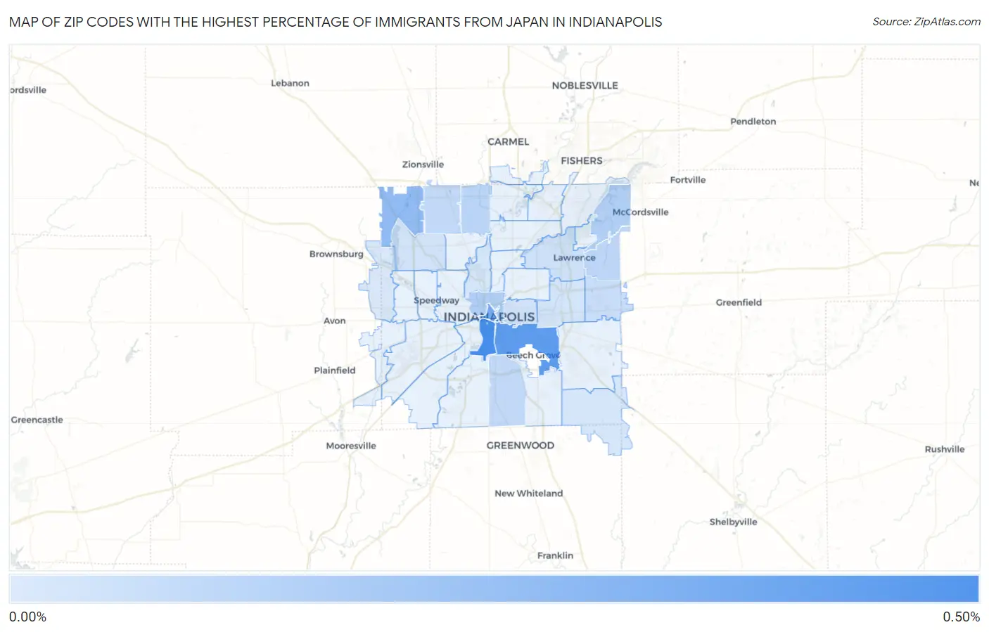 Zip Codes with the Highest Percentage of Immigrants from Japan in Indianapolis Map