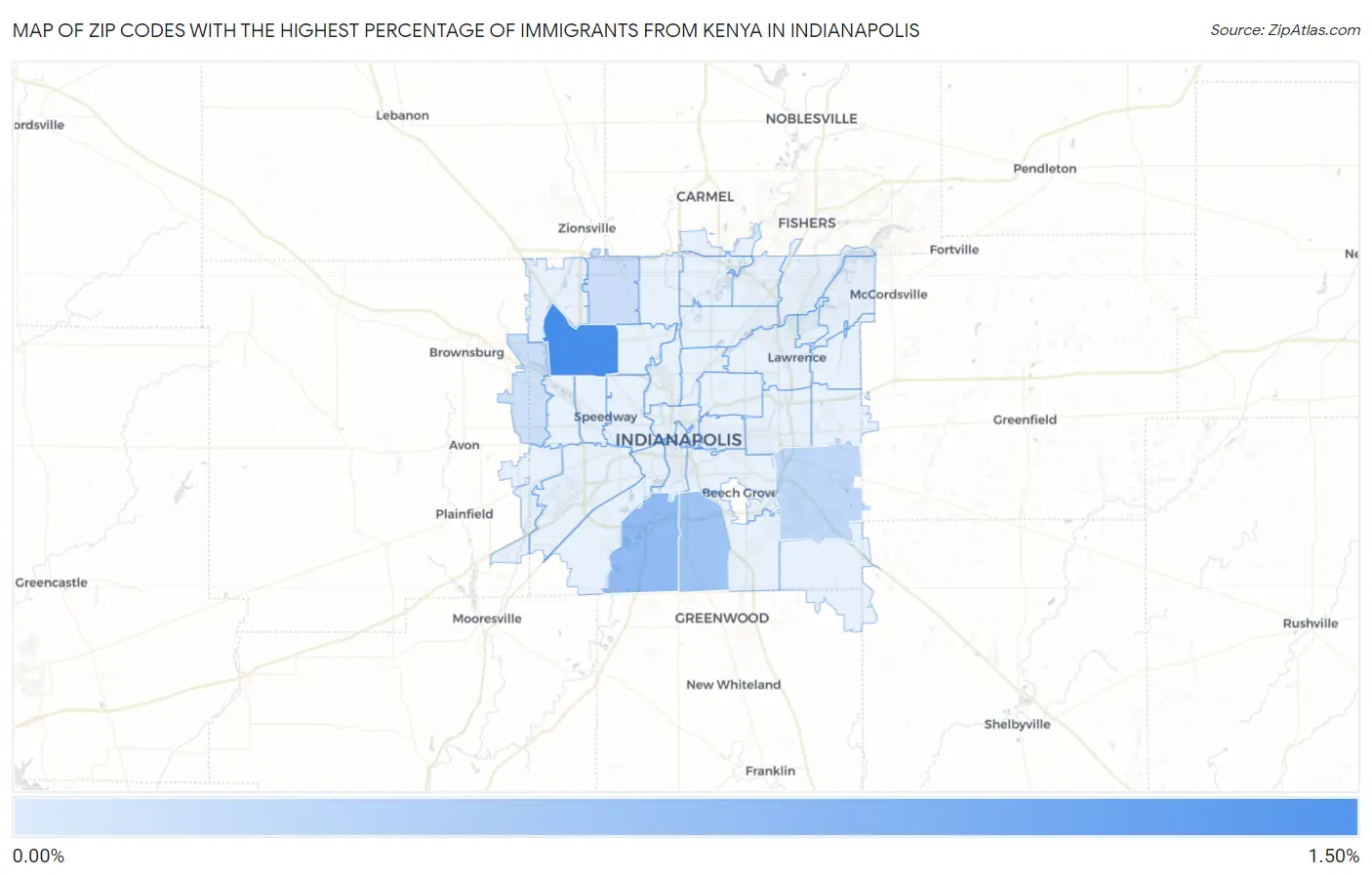 Zip Codes with the Highest Percentage of Immigrants from Kenya in Indianapolis Map