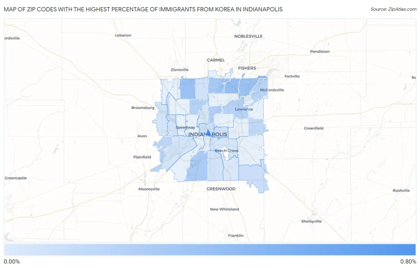 Zip Codes with the Highest Percentage of Immigrants from Korea in Indianapolis Map