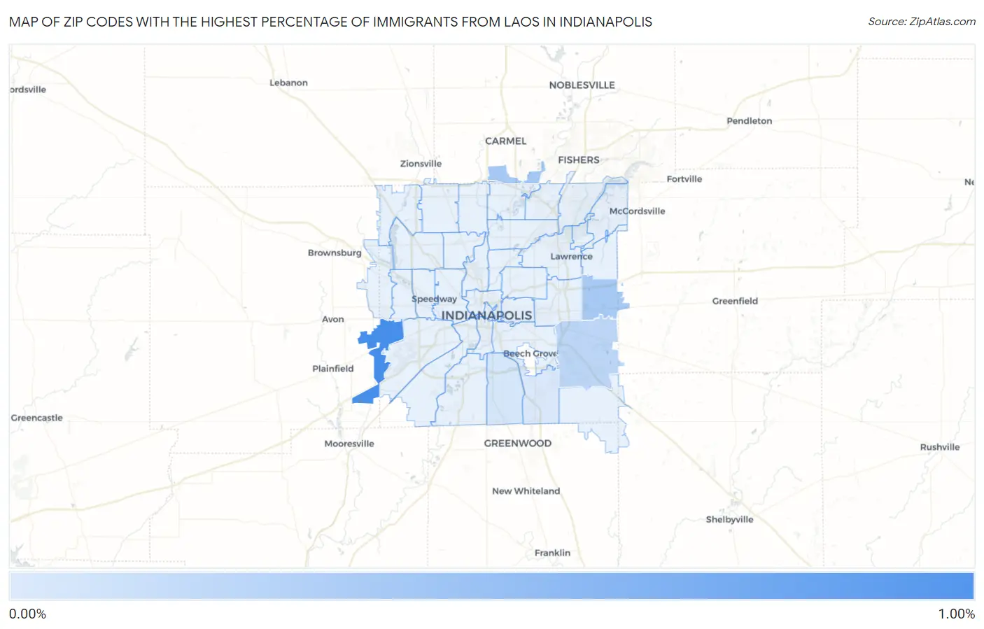 Zip Codes with the Highest Percentage of Immigrants from Laos in Indianapolis Map
