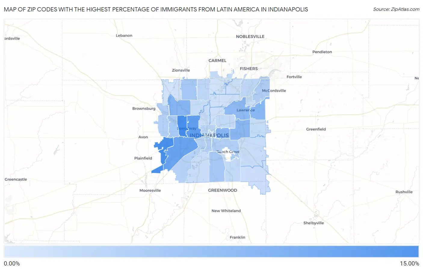 Zip Codes with the Highest Percentage of Immigrants from Latin America in Indianapolis Map