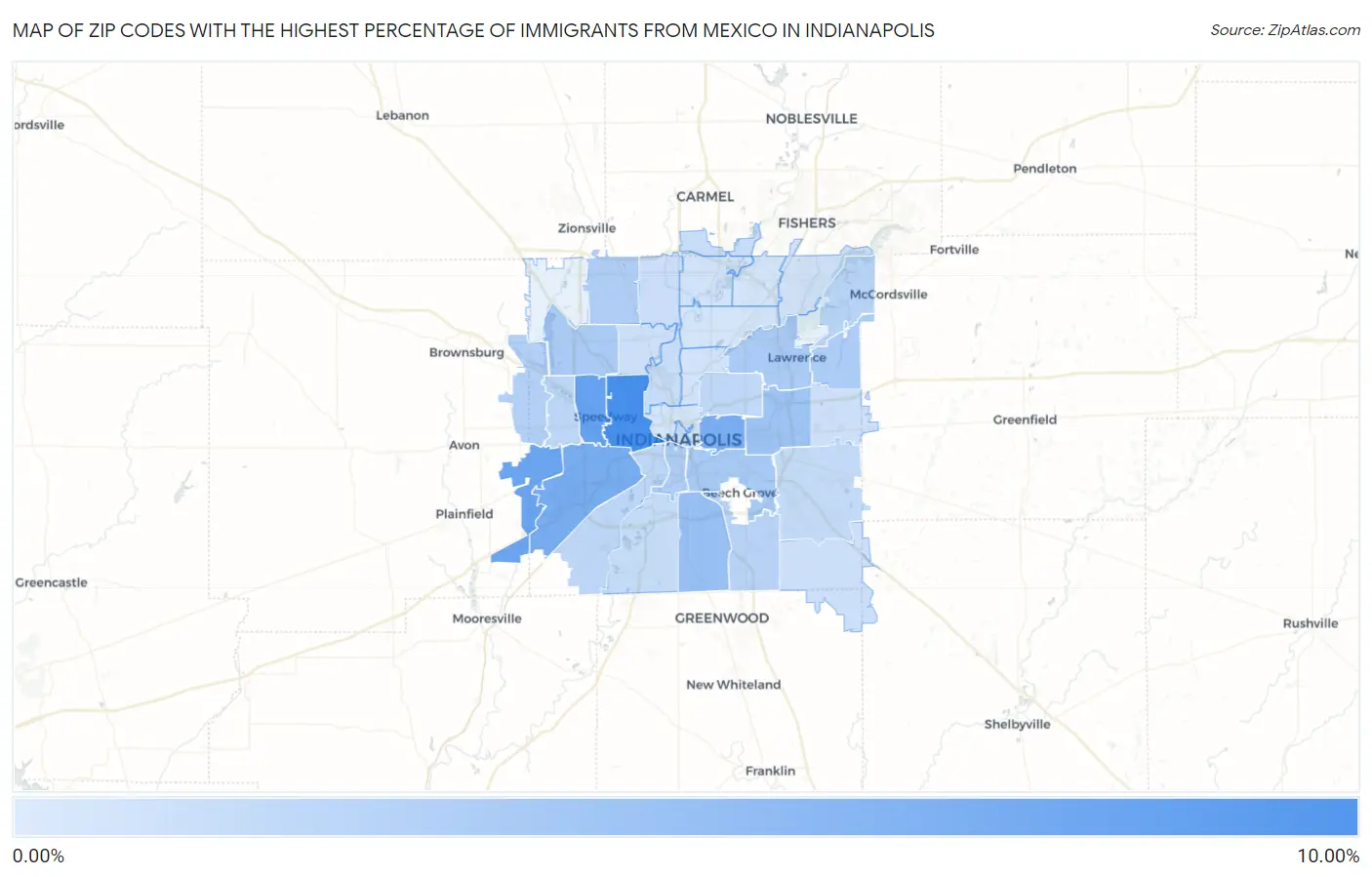 Zip Codes with the Highest Percentage of Immigrants from Mexico in Indianapolis Map