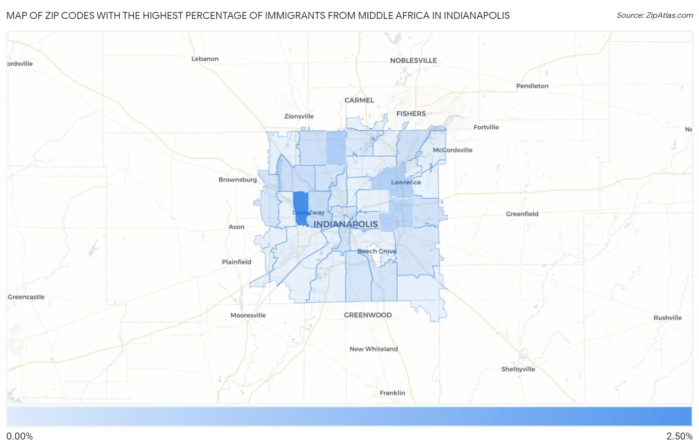 Zip Codes with the Highest Percentage of Immigrants from Middle Africa in Indianapolis Map