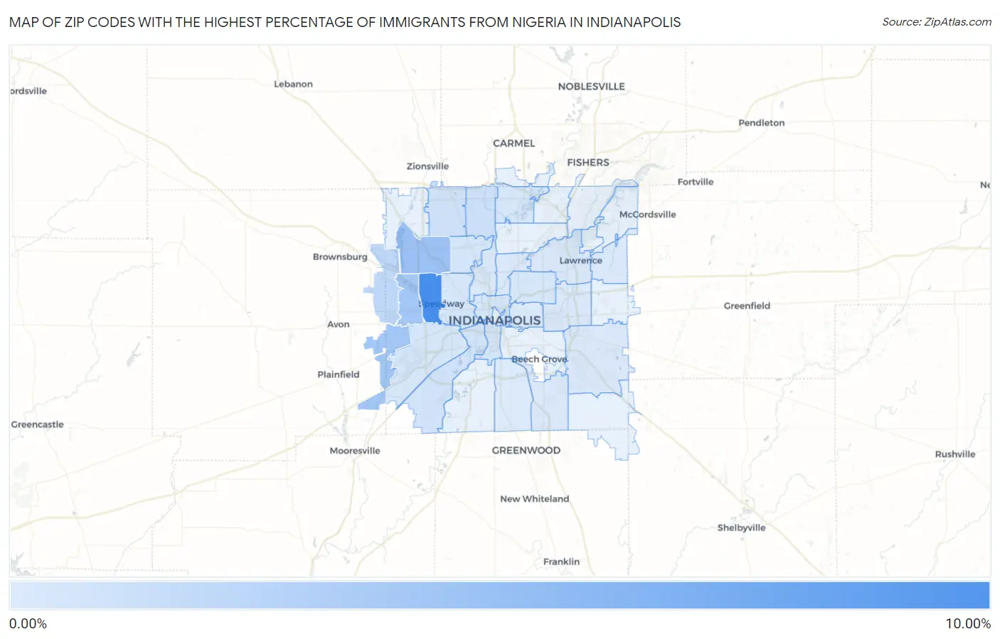 Zip Codes with the Highest Percentage of Immigrants from Nigeria in Indianapolis Map