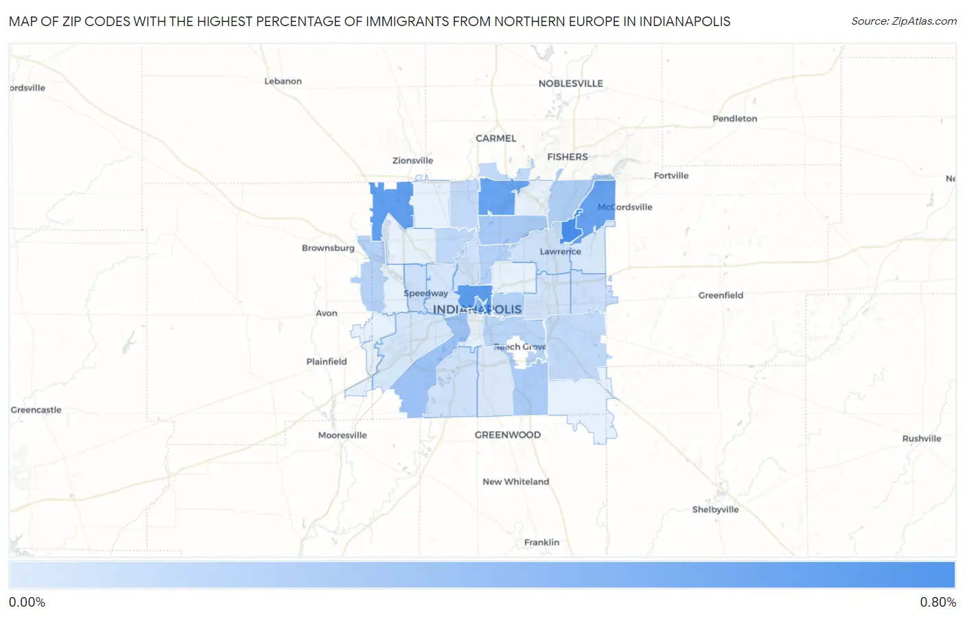 Zip Codes with the Highest Percentage of Immigrants from Northern Europe in Indianapolis Map