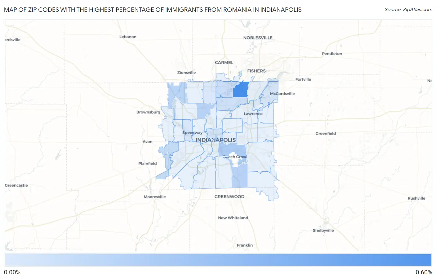 Zip Codes with the Highest Percentage of Immigrants from Romania in Indianapolis Map