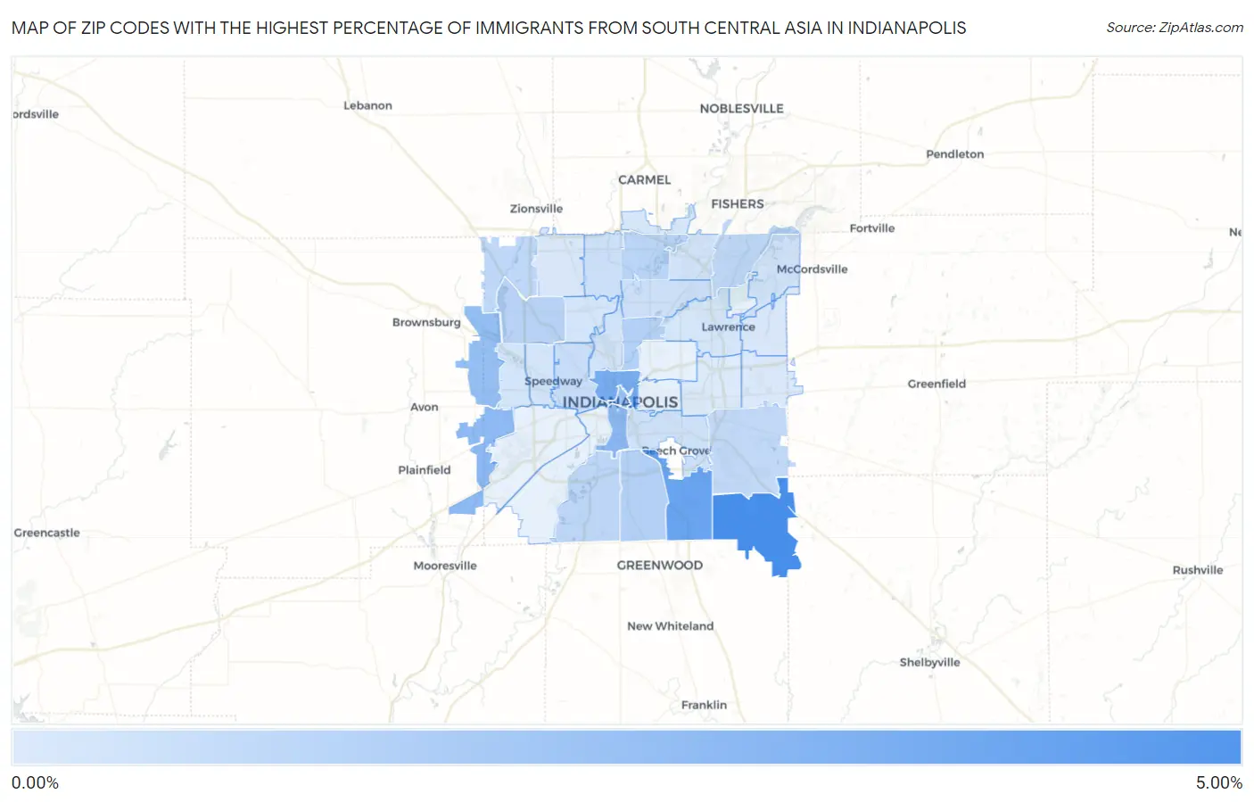 Zip Codes with the Highest Percentage of Immigrants from South Central Asia in Indianapolis Map