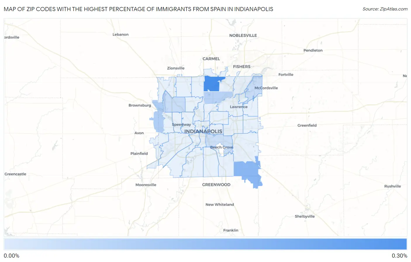 Zip Codes with the Highest Percentage of Immigrants from Spain in Indianapolis Map