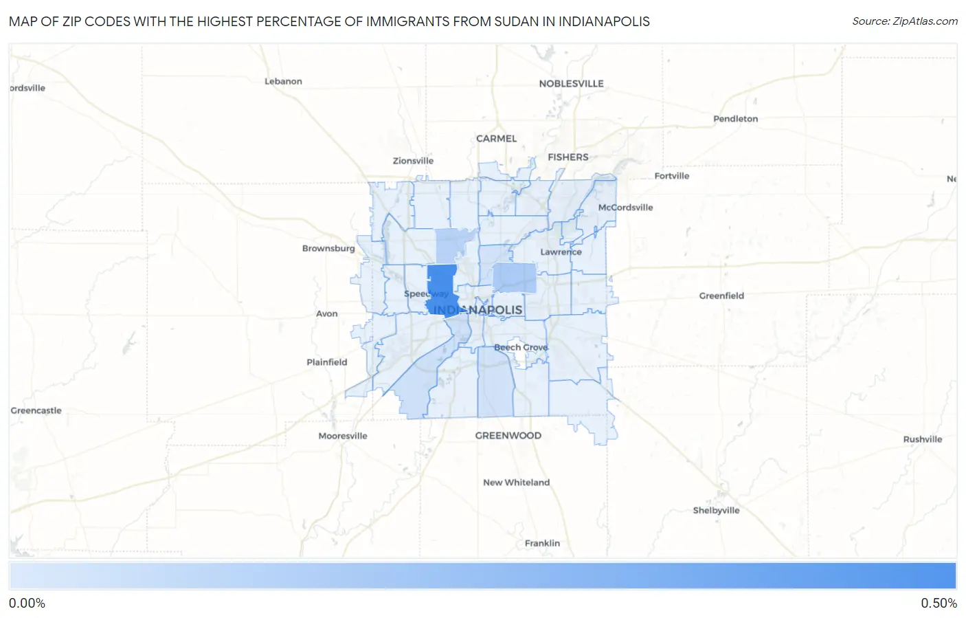 Zip Codes with the Highest Percentage of Immigrants from Sudan in Indianapolis Map