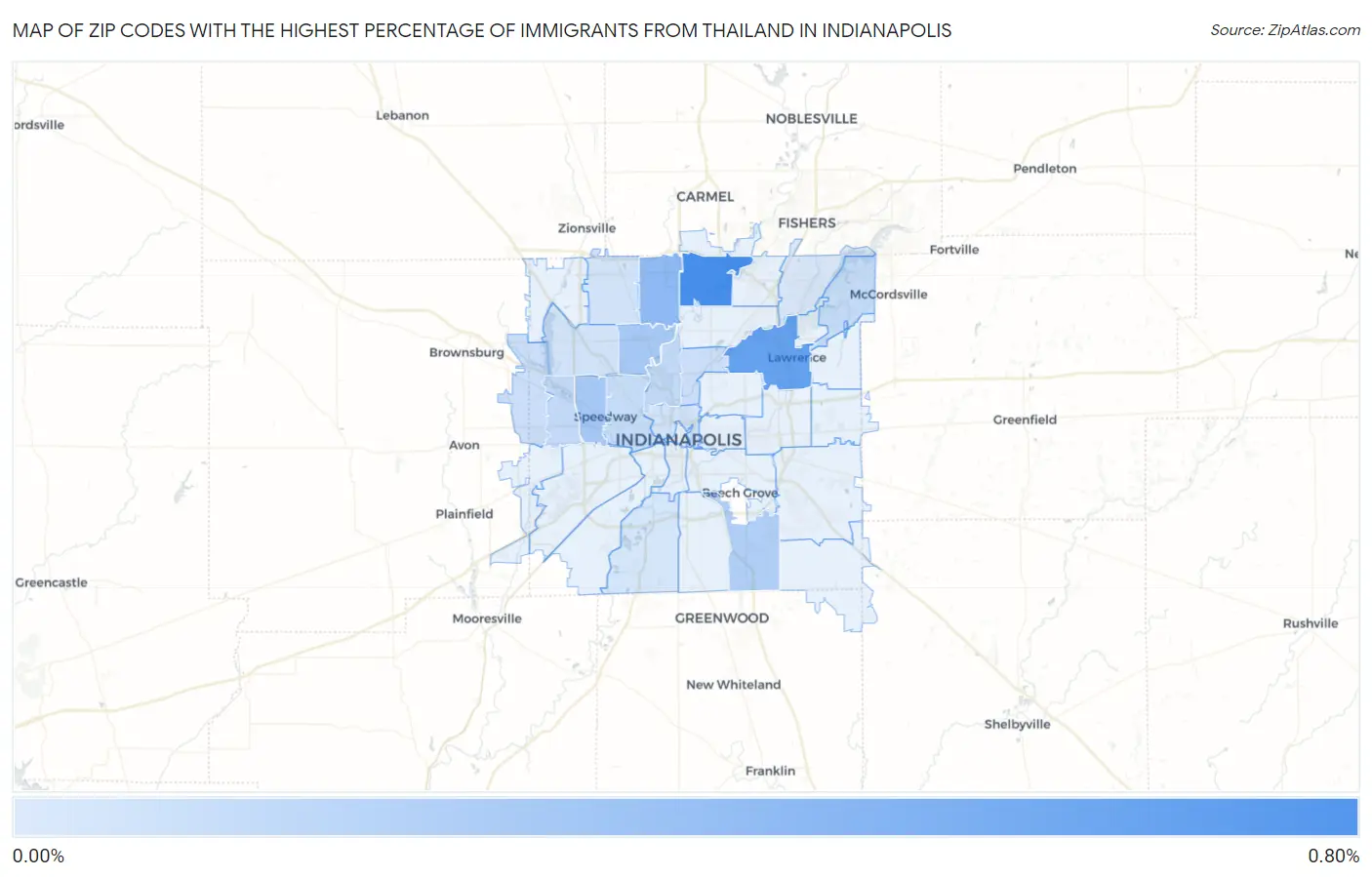 Zip Codes with the Highest Percentage of Immigrants from Thailand in Indianapolis Map