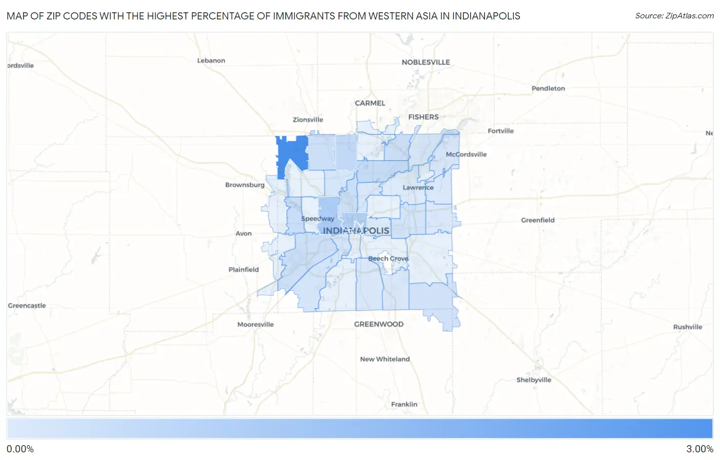 Zip Codes with the Highest Percentage of Immigrants from Western Asia in Indianapolis Map