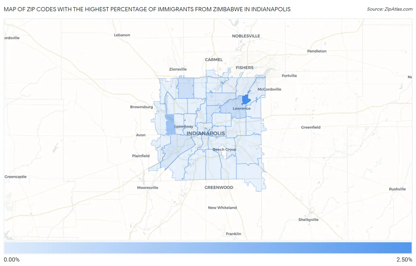 Zip Codes with the Highest Percentage of Immigrants from Zimbabwe in Indianapolis Map