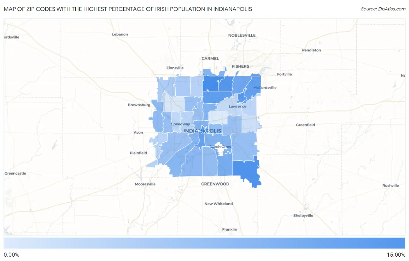 Zip Codes with the Highest Percentage of Irish Population in Indianapolis Map
