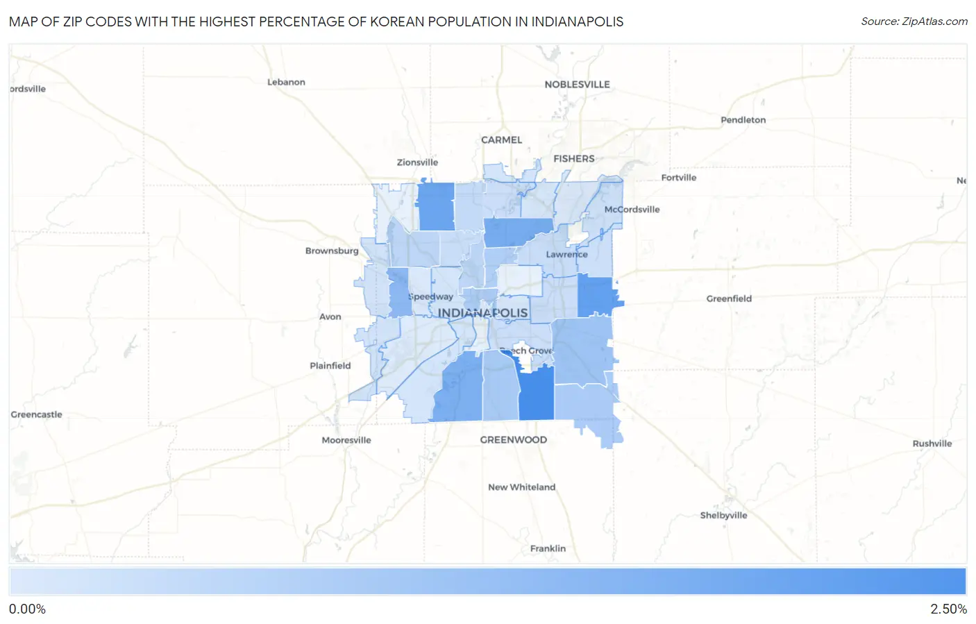 Zip Codes with the Highest Percentage of Korean Population in Indianapolis Map