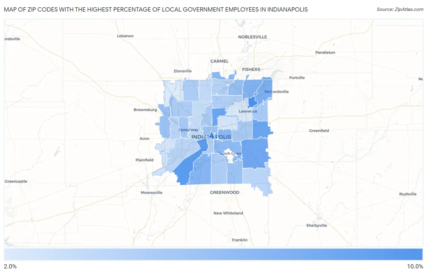 Zip Codes with the Highest Percentage of Local Government Employees in Indianapolis Map