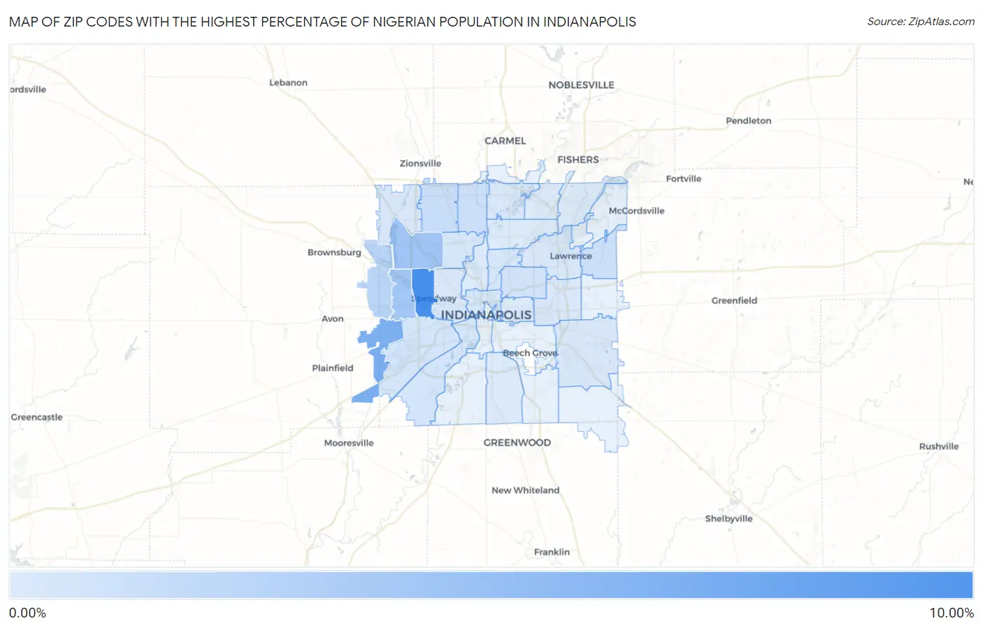 Zip Codes with the Highest Percentage of Nigerian Population in Indianapolis Map