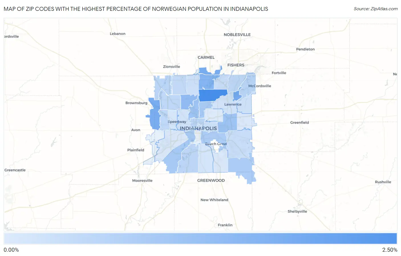 Zip Codes with the Highest Percentage of Norwegian Population in Indianapolis Map